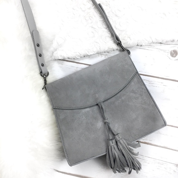 light grey suede handbag